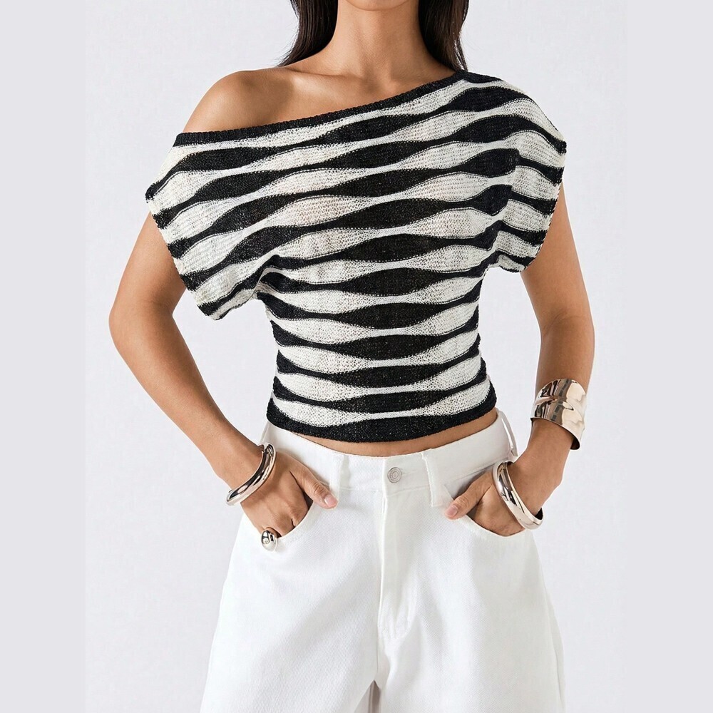 Black White Zebra Stripe Asymmetrical Neck Knit Crop Top